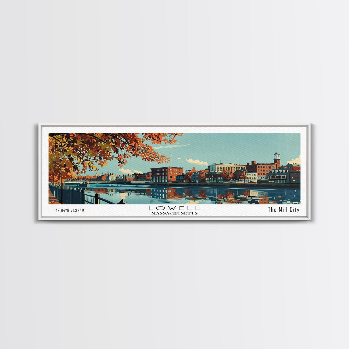 Lowell Mississippi Panoramic Painting, Mid Century Modern Framed Canvas Print, Retro Pop Art Travel Poster, Office Wall Art