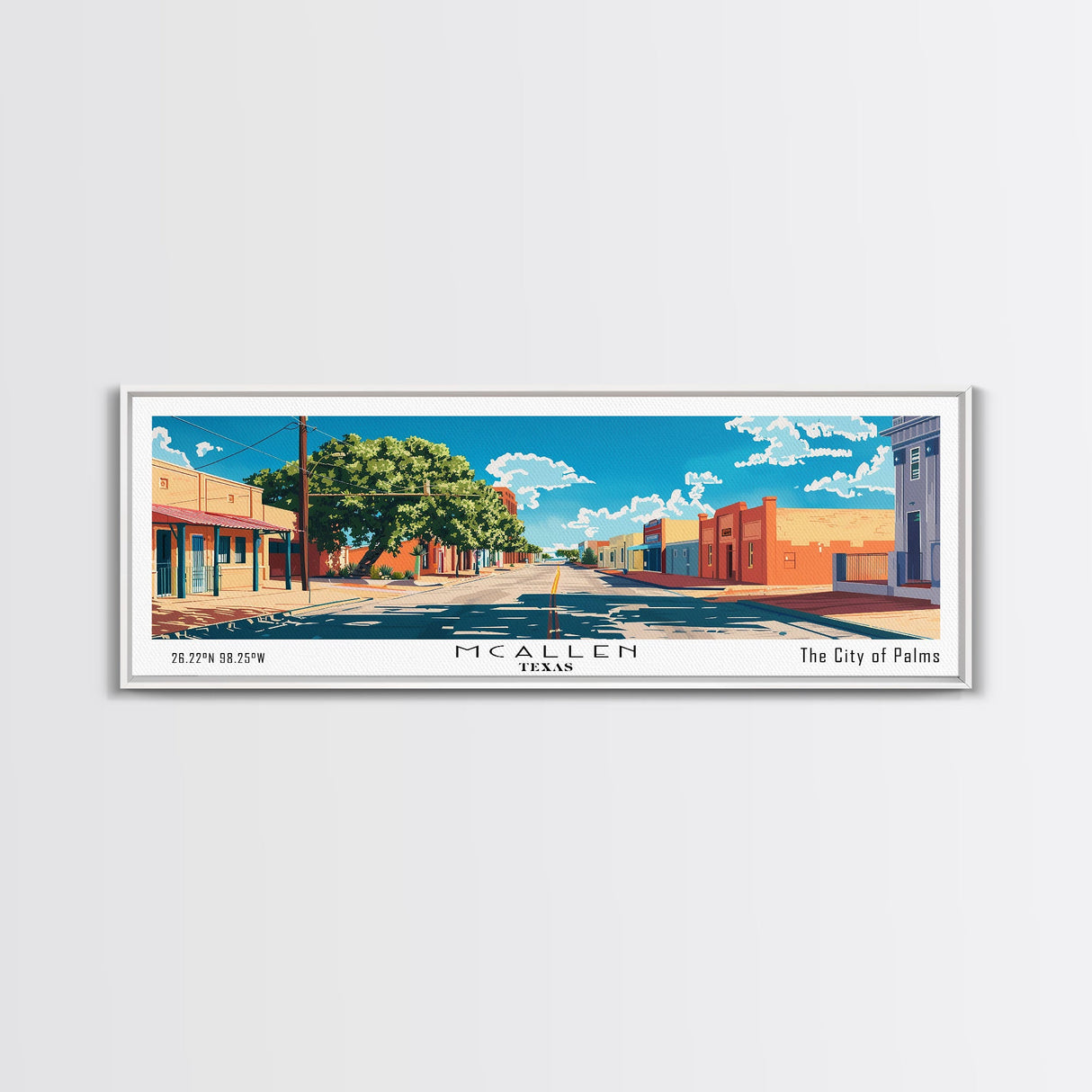 McAllen Texas Panoramic Wall Art, Mid Century Modern Framed Canvas Print, Retro Pop Art Travel Poster, Home Wall Art