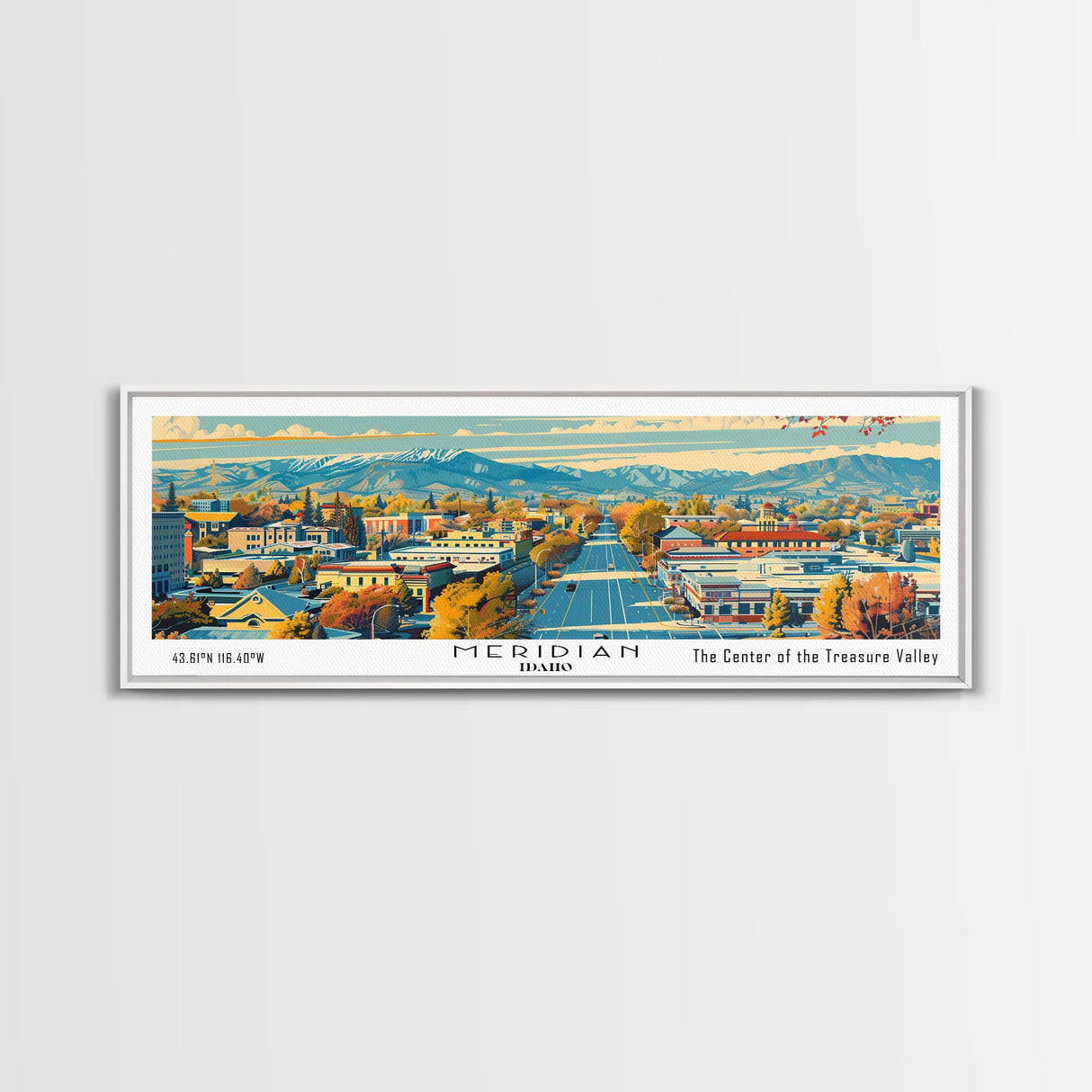 Meridian Idaho Panoramic Painting, Mid Century Modern Framed Canvas Print, Retro Pop Art Travel Poster, Home Decor