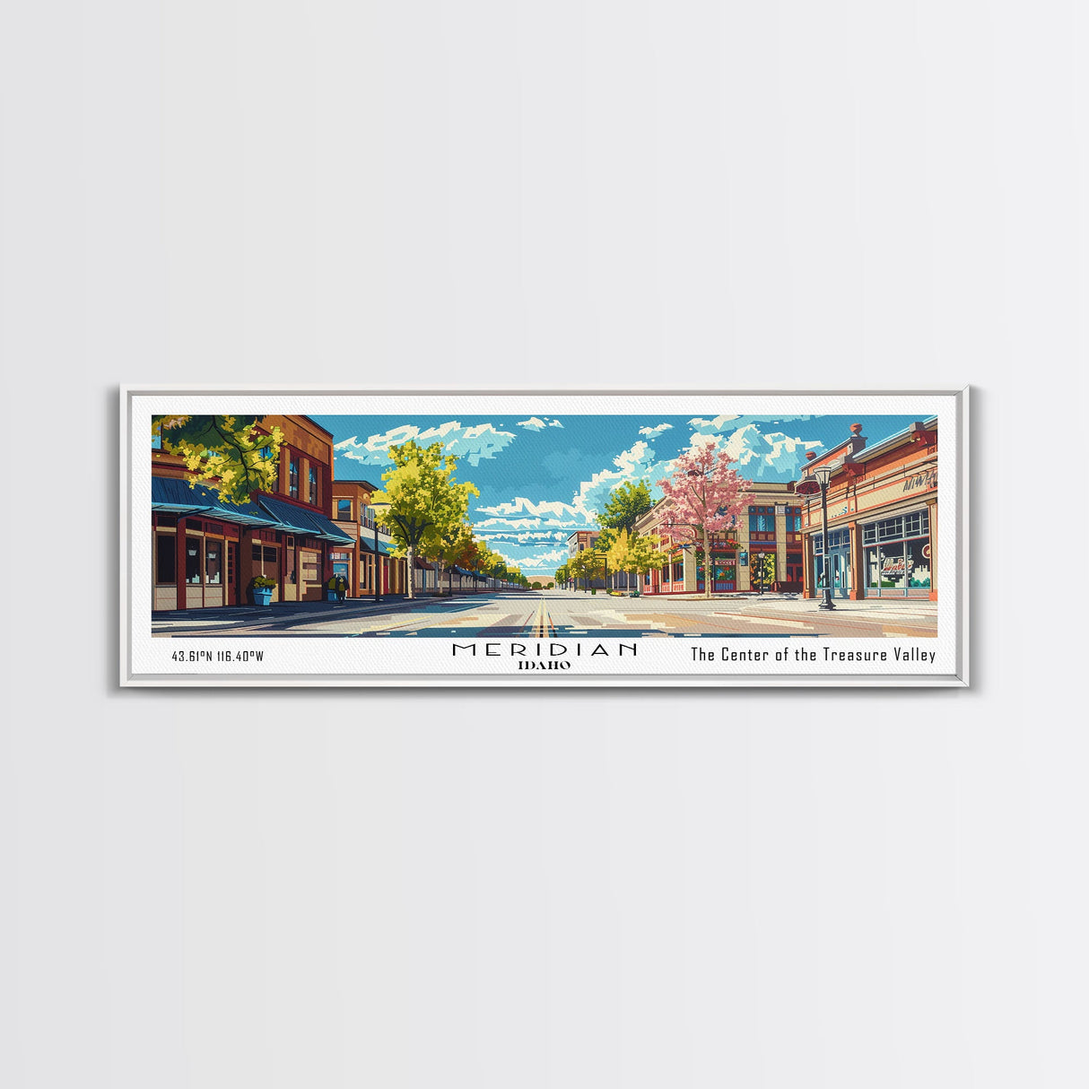 Meridian Idaho Panoramic Painting, Mid Century Modern Framed Canvas Print, Retro Pop Art Travel Poster, Home Decor