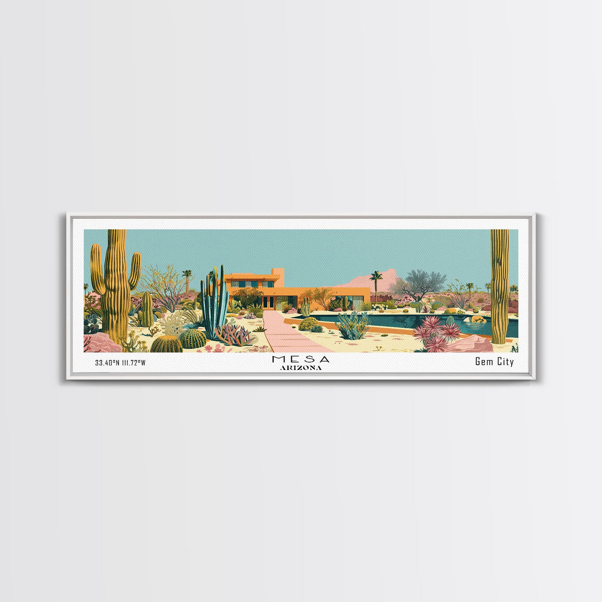 Mesa Arizona Panoramic Painting, Mid Century Modern Framed Canvas Print, Retro Pop Art Travel Poster, Office Wall Art