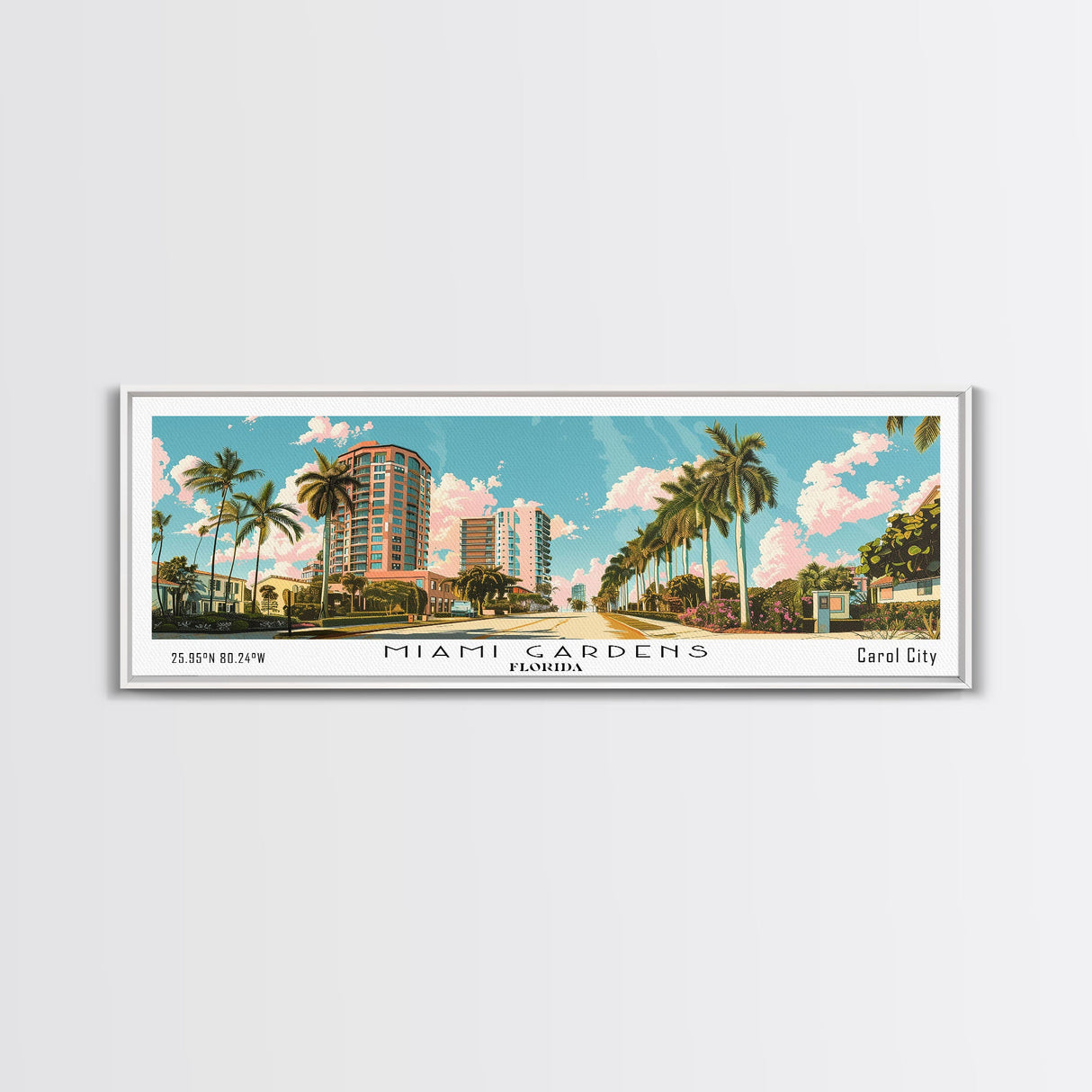 Miami Gardens Florida Panoramic Painting, Mid Century Modern Framed Canvas Print, Retro Pop Art Travel Poster, Home Wall Decor