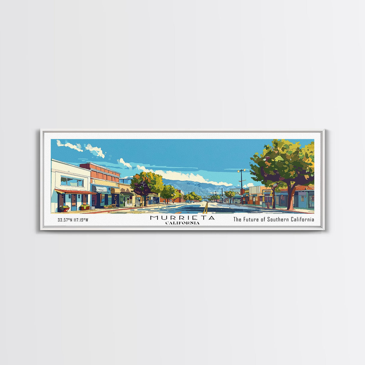 Murrieta California Panoramic Painting, Mid Century Modern Framed Canvas Print, Retro Pop Art Travel Poster, Living Room Decor