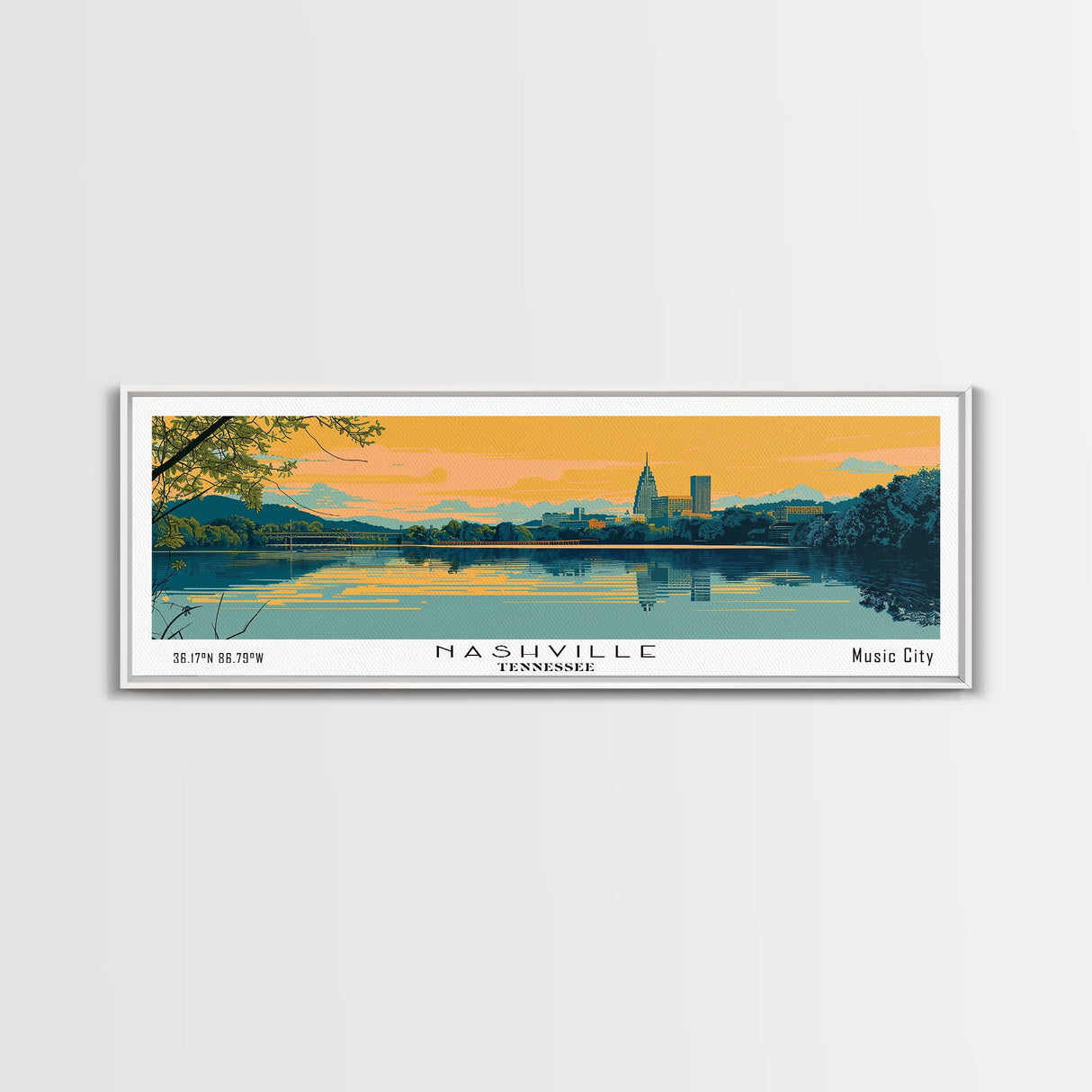 Nashville Tennessee Panoramic Painting, Mid Century Modern Framed Canvas Print, Retro Pop Art Travel Poster, Office Wall Art