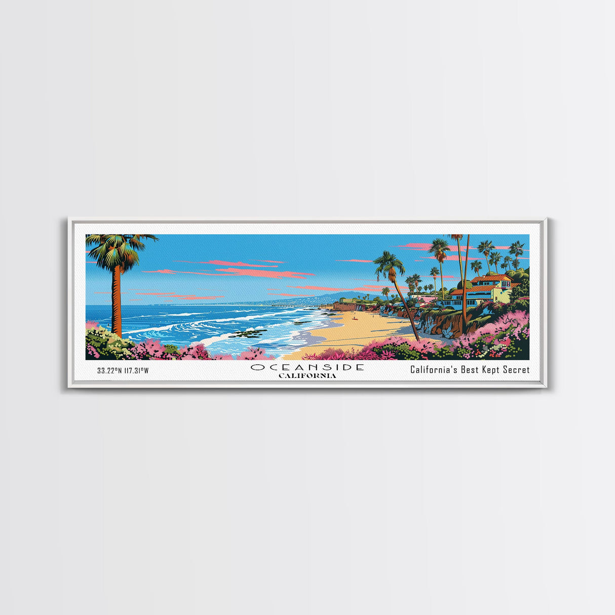 Oceanside California Panoramic Wall Art, Mid Century Modern Framed Canvas Print, Retro Pop Art Travel Poster, City Art, Office Wall Decor, Living Room Art