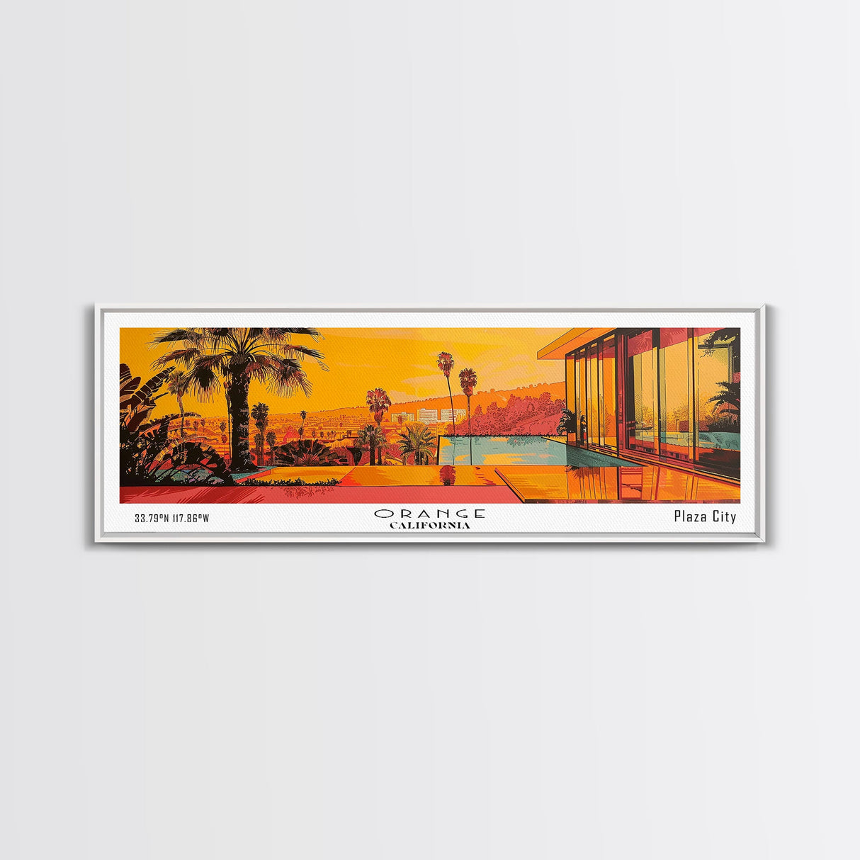 Orange California Panoramic Painting, Mid Century Modern Framed Canvas Print, Retro Pop Art Travel Poster, City Art, Office Wall Decor, Living Room Art