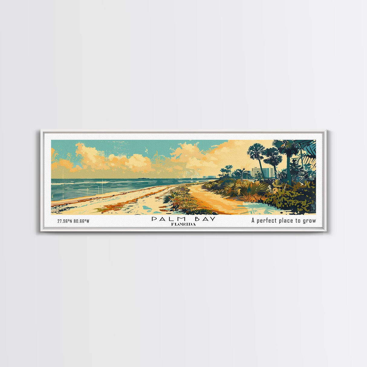 Palm Bay Florida Panoramic Wall Art, Mid Century Modern Framed Canvas Print, Retro Pop Art Travel Poster, City Art, Office Wall Decor, Living Room Art