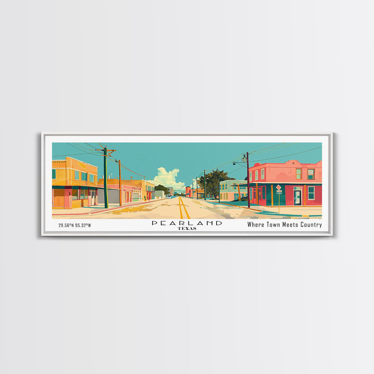 Pearland Texas Panoramic Painting, Mid Century Modern Framed Canvas Print, Retro Pop Art Travel Poster, City Art, Office Wall Decor, Living Room Art