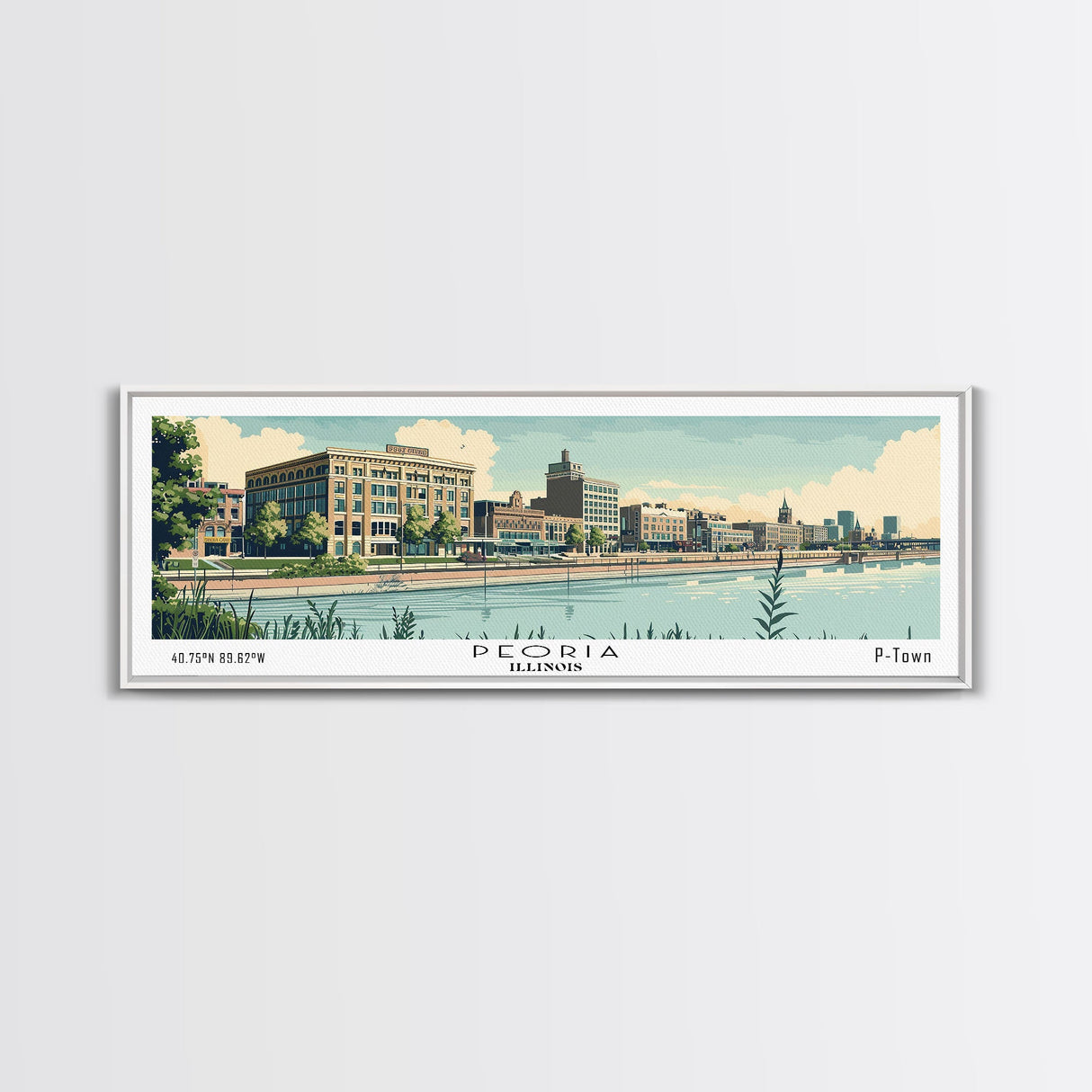 Peoria Illinois Panoramic Painting, Mid Century Modern Framed Canvas Print, Retro Pop Art Travel Poster, City Art, Office Wall Decor, Living Room Art