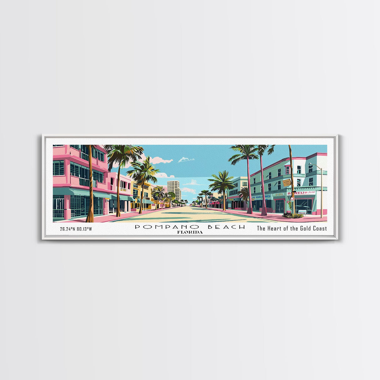 Pompano Beach Florida Panoramic Painting, Mid Century Modern Framed Canvas Print, Retro Pop Art Travel Poster, City Art, Office Wall Decor, Living Room Art