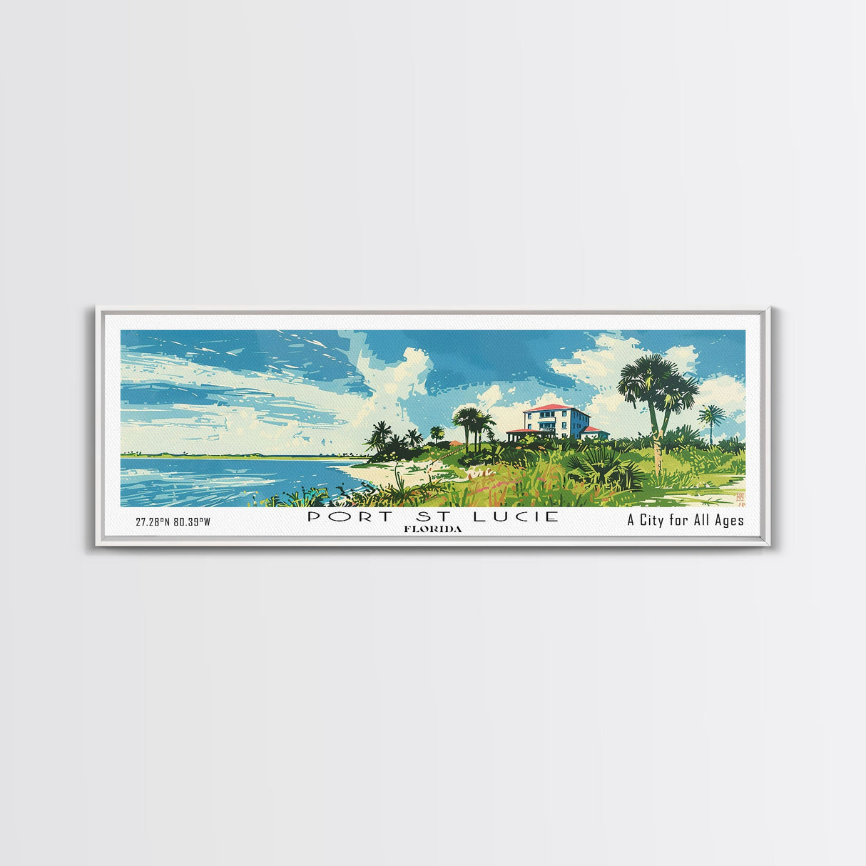 Port St. Lucie Florida Panoramic Painting, Mid Century Modern Framed Canvas Print, Retro Pop Art Travel Poster, City Art, Office Wall Decor, Living Room Art