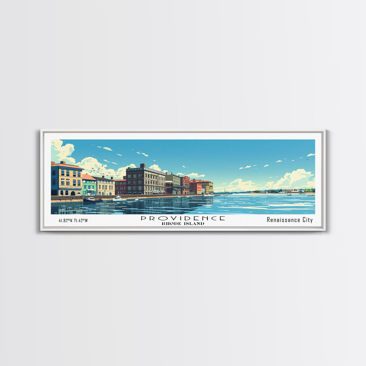 Providence Rhode Island Panoramic Wall Art, Mid Century Modern Framed Canvas Print, Retro Pop Art Travel Poster, City Art, Office Wall Decor, Living Room Art