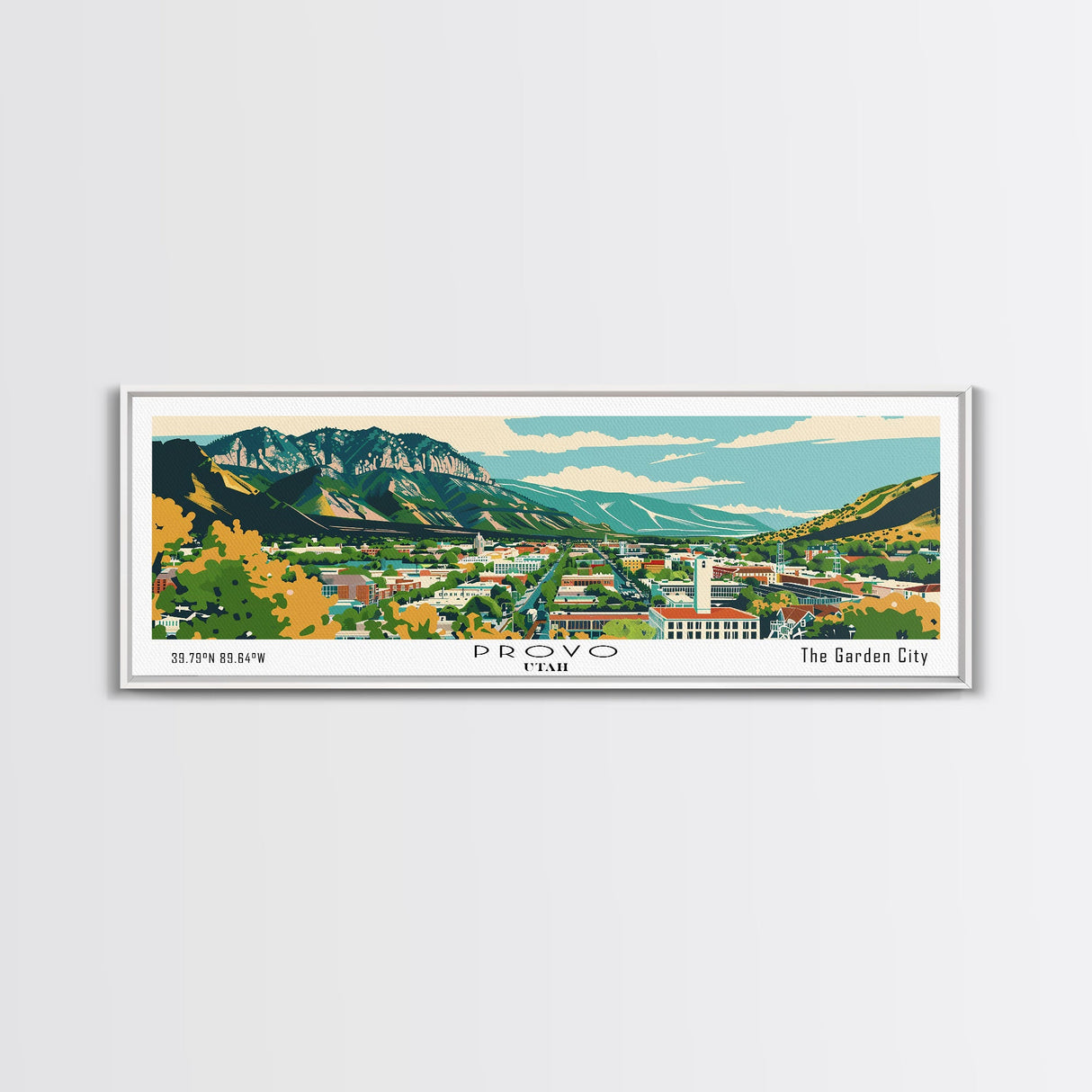 Provo Utah Panoramic Painting, Mid Century Modern Framed Canvas Print, Retro Pop Art Travel Poster, City Art, Office Wall Decor, Living Room Art