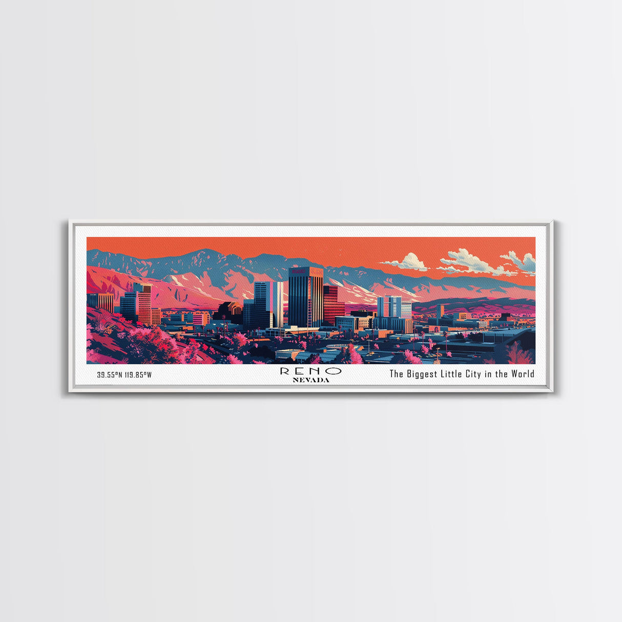 Reno Nevada Panoramic Painting, Mid Century Modern Framed Canvas Print, Retro Pop Art Travel Poster, City Art, Office Wall Decor, Living Room Art