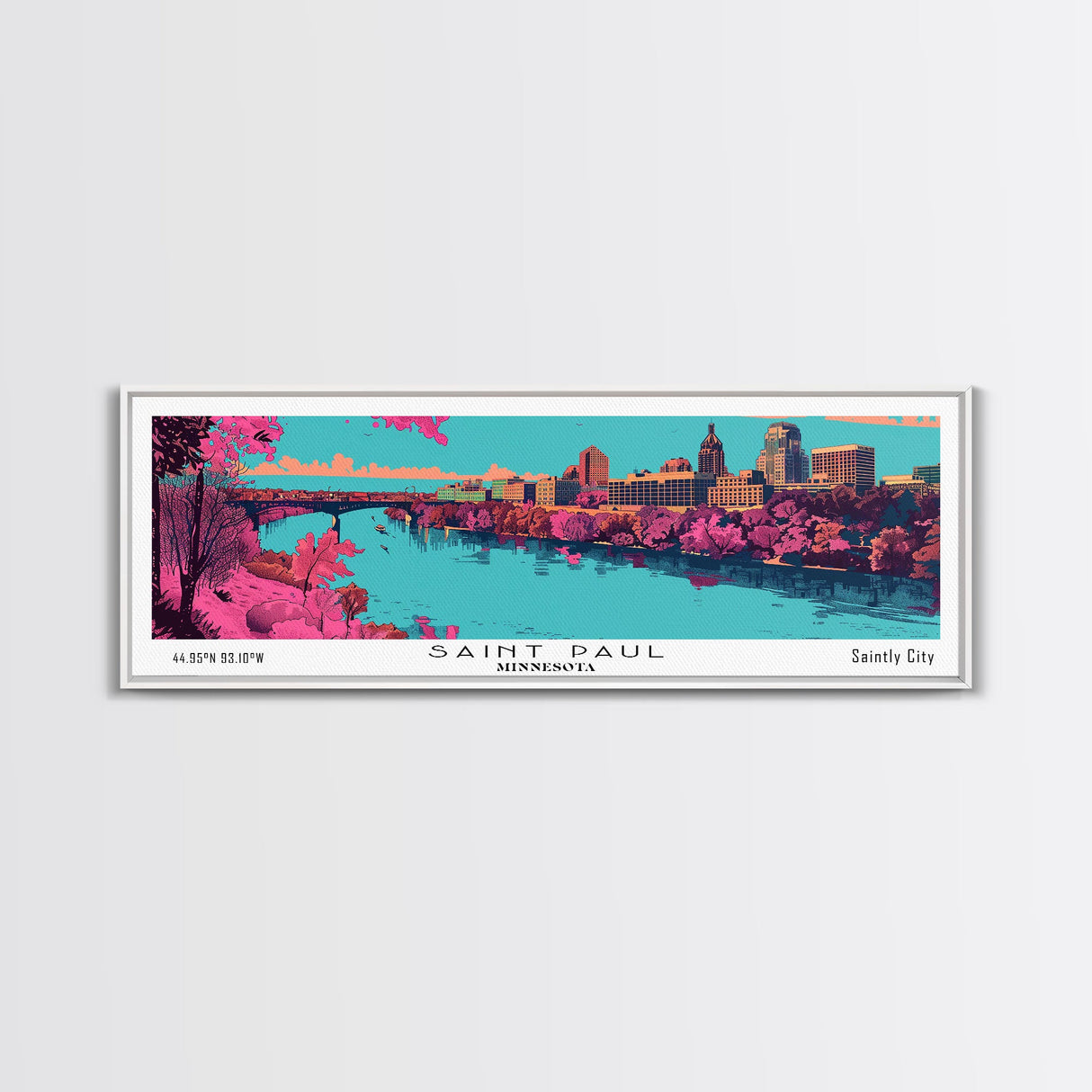 Saint Paul Minnesota Panoramic Painting, Mid Century Modern Framed Canvas Print, Retro Pop Art Travel Poster, City Art, Office Wall Decor, Living Room Art