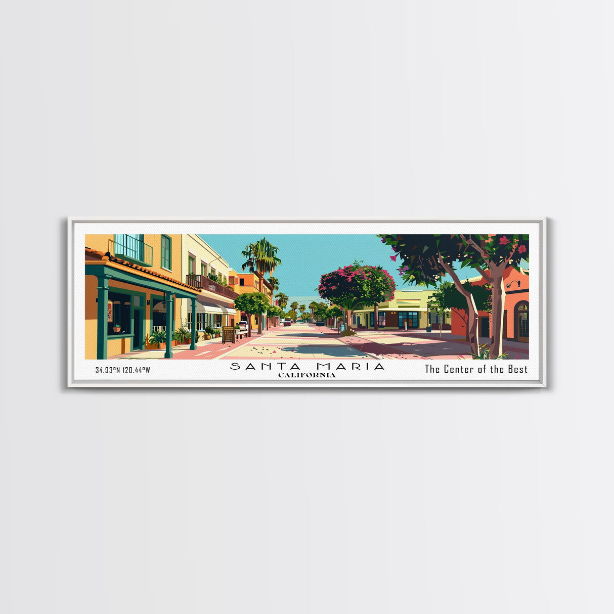 Santa Maria California Panoramic Painting, Mid Century Modern Framed Canvas Print, Retro Pop Art Travel Poster, Home and Office Wall Art Decor