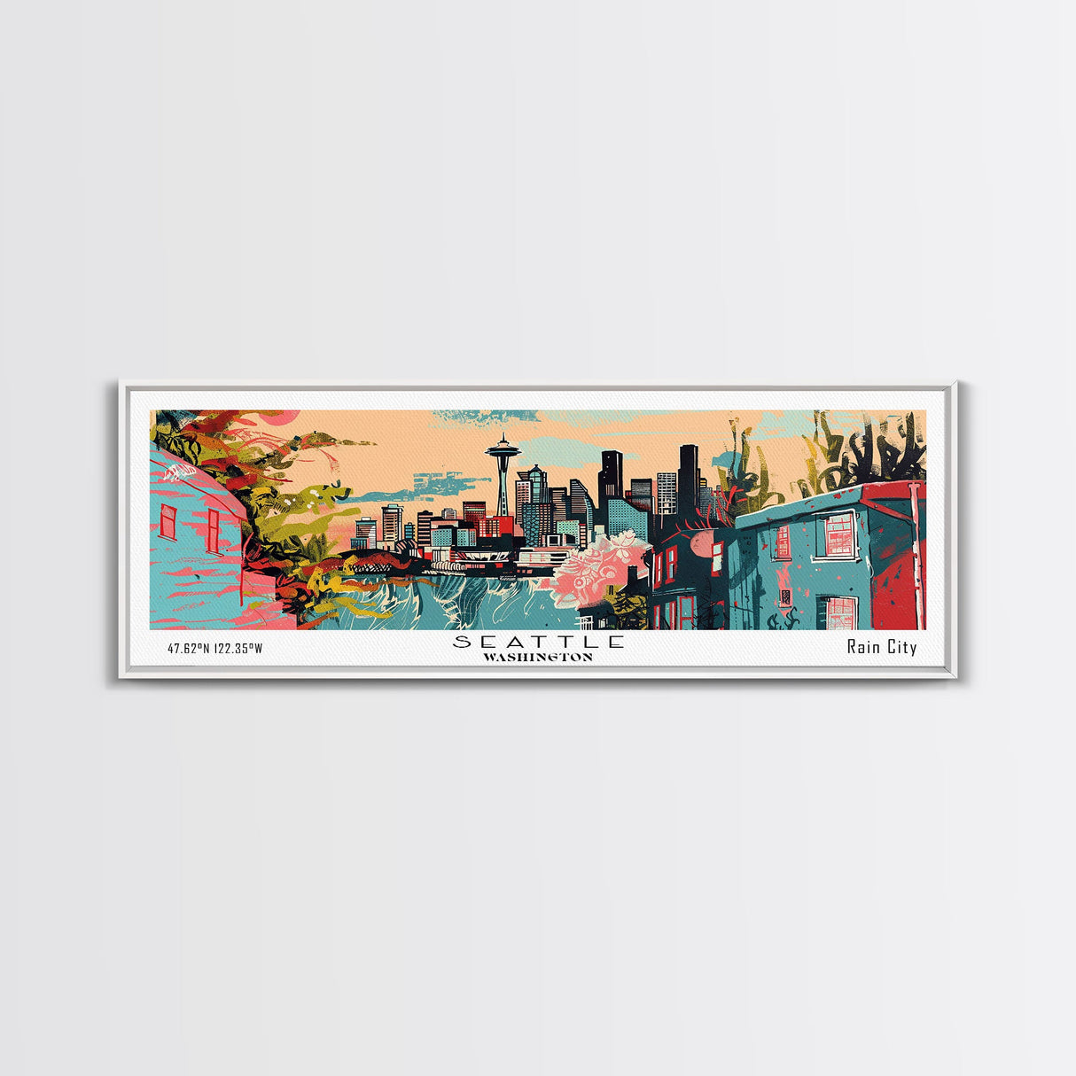 Seattle Washington Panoramic Art, Mid Century Modern Framed Canvas Print, Retro Pop Art Travel Poster, Office Wall Art, Home Decoration