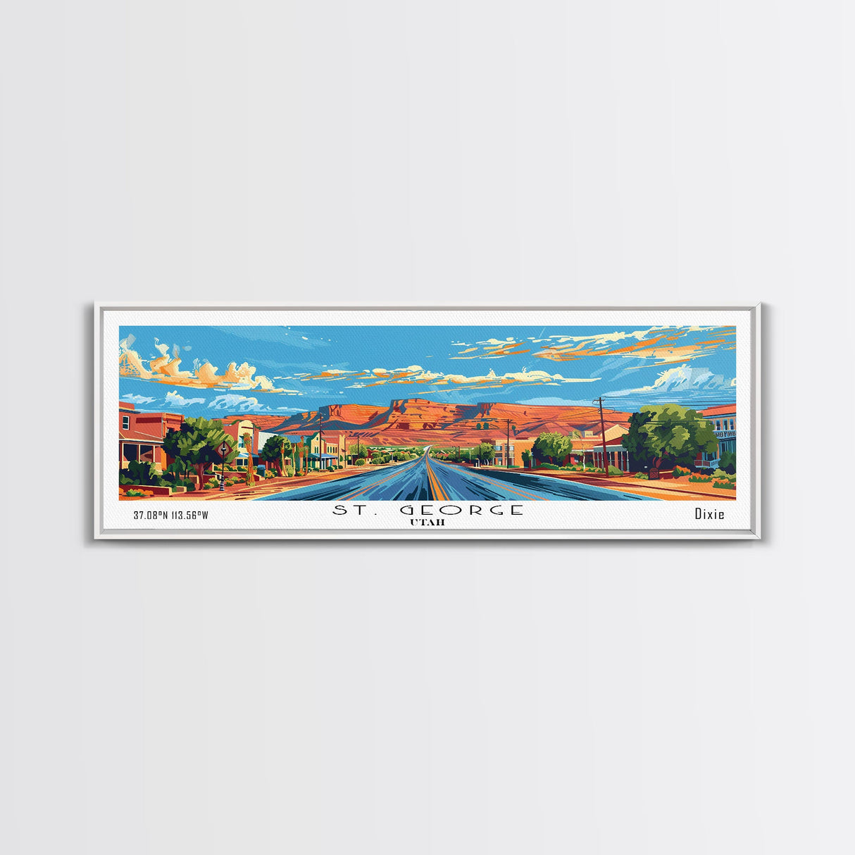 St. George Utah Panoramic Wall Art, Mid Century Modern Framed Canvas Print, Retro Pop Art Travel Poster, Office Wall Decor and Gift Idea