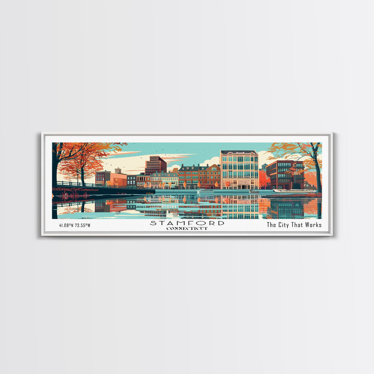 Stamford Connecticut Panoramic Painting, Mid Century Modern Framed Canvas Print, Retro Pop Art Travel Poster, Wall Hanging for Home Decor