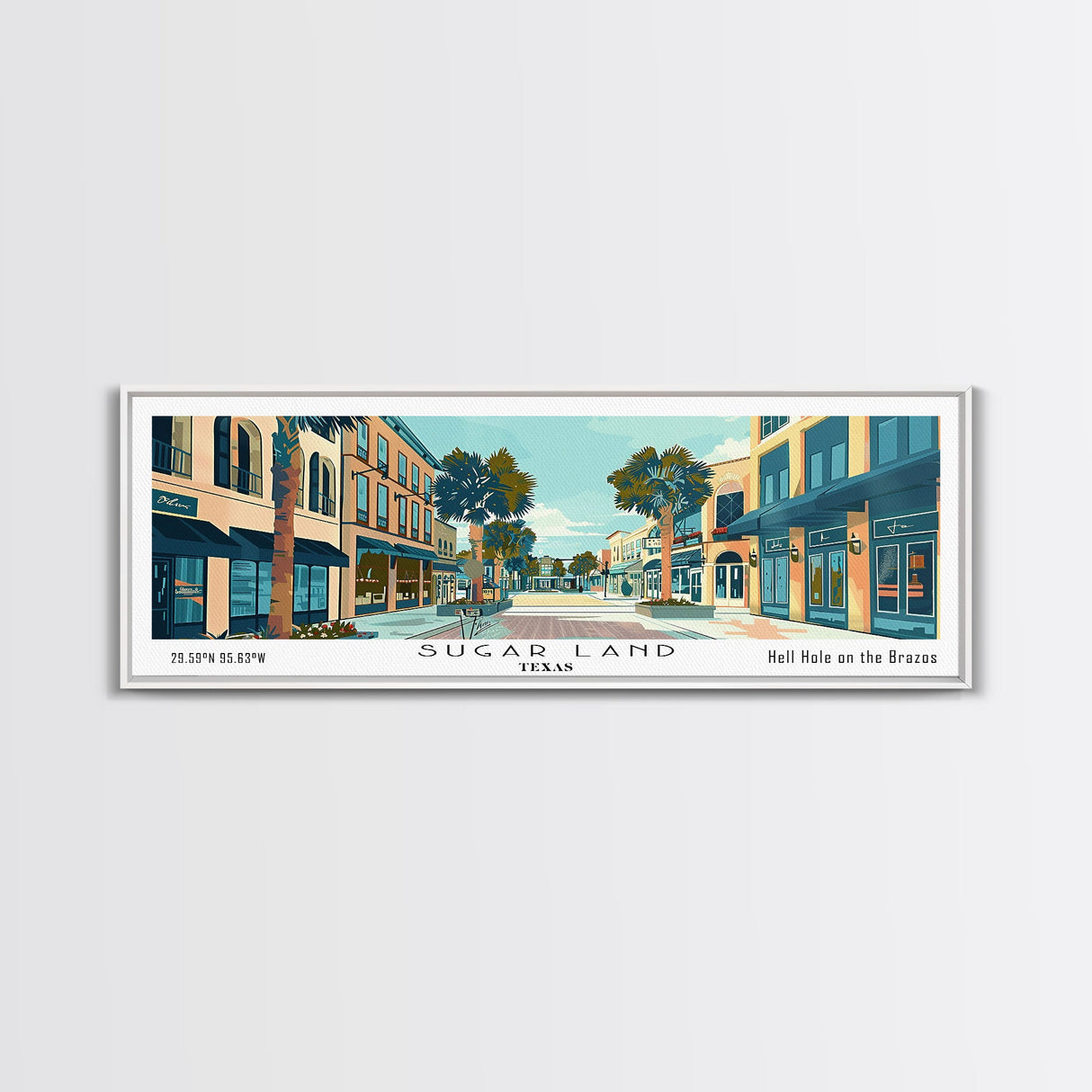 Sugarland Texas Panoramic Painting, Mid Century Modern Framed Canvas Print, Retro Pop Art Travel Poster, Living Room Wall Art Decor