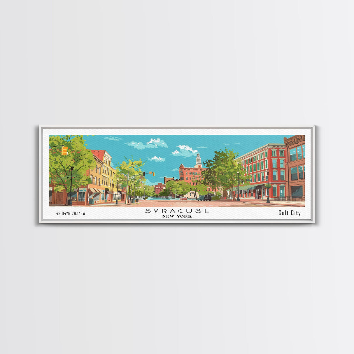 Syracuse New York Panoramic Painting, Mid Century Modern Framed Canvas Print, Retro Pop Art Travel Poster, Home and Office Wall Art Decor