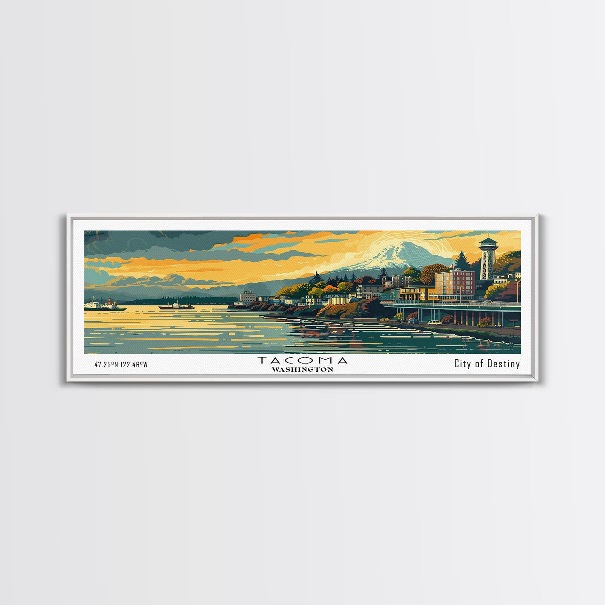 Tacoma Washington Panoramic Painting, Mid Century Modern Framed Canvas Print, Retro Pop Art Travel Poster, Wall Hanging for Home Decor