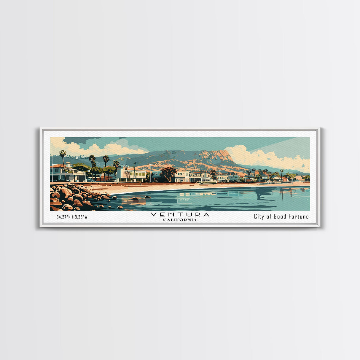 Ventura California Panoramic Wall Art, Mid Century Modern Framed Canvas Print, Retro Pop Art Travel Poster, City Art, Home Decoration