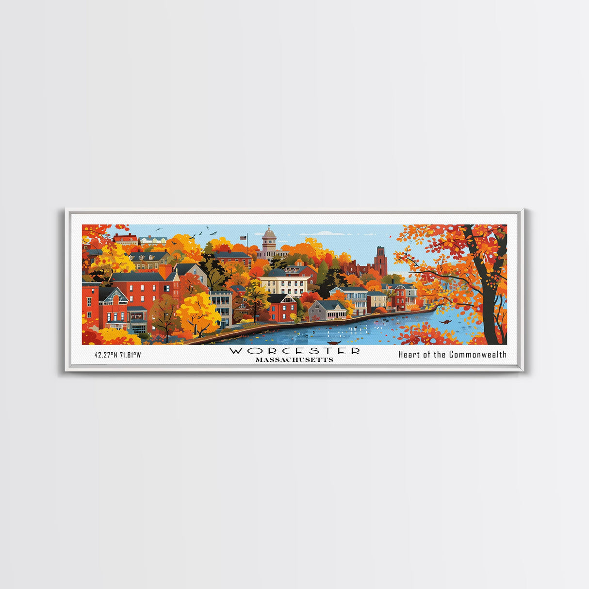 Worcester Massachusetts Panoramic Art, Mid Century Modern Framed Canvas Print, Retro Pop Art Travel Poster, City Print, Living Room Wall Decor