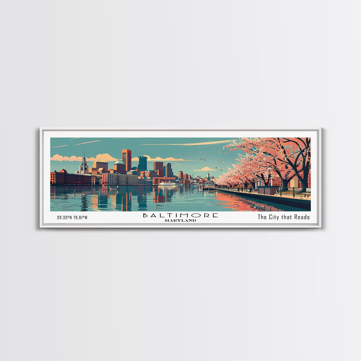 Baltimore Maryland Panoramic Painting, Framed Canvas Print, Mid Century Modern Wall Art, Retro Pop Art Travel Poster, Home Decor, City Art