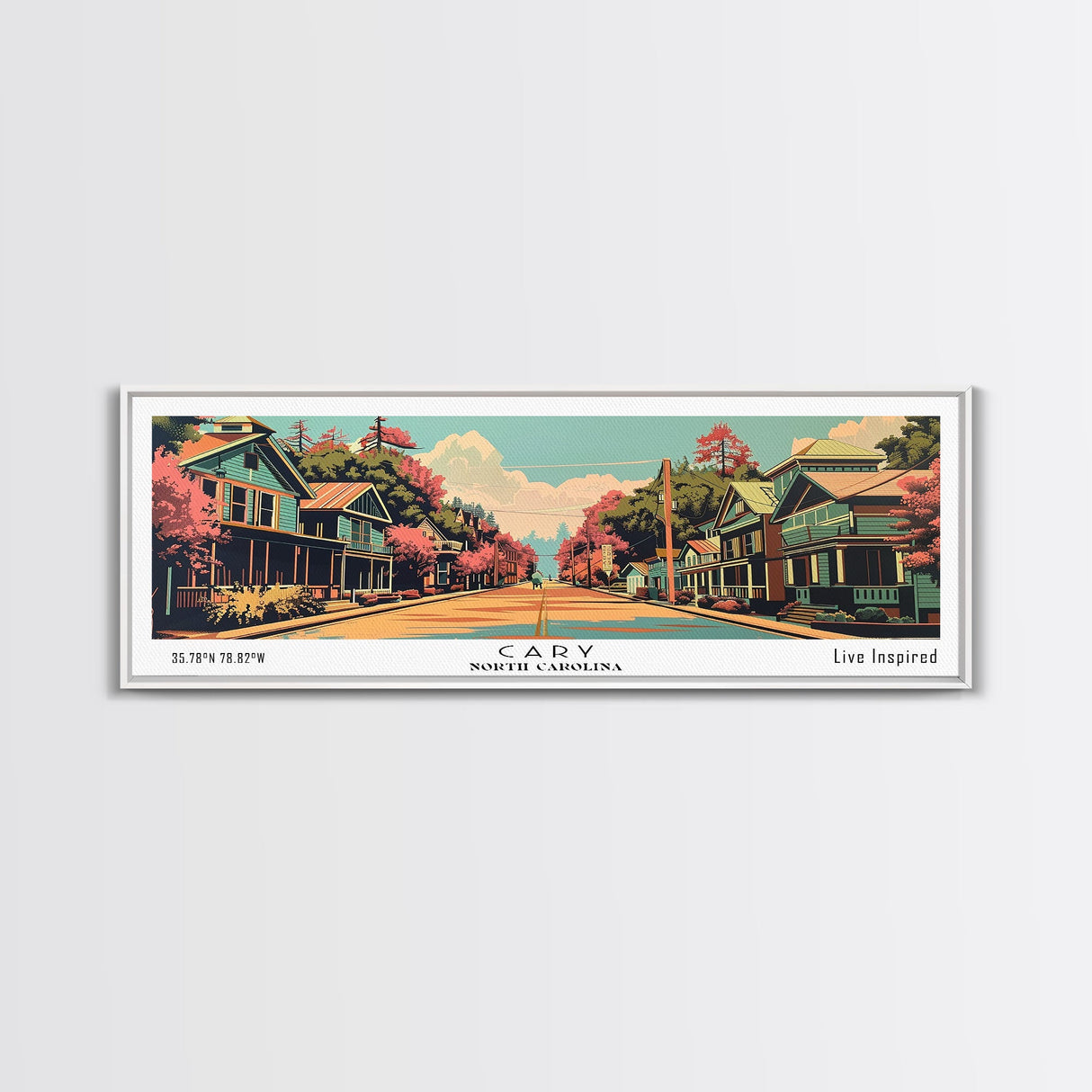 Cary North Carolina Panoramic Painting, Framed Canvas Print, Mid Century Modern Wall Art, Retro Pop Art Travel Poster, Living Room Decor, City Art