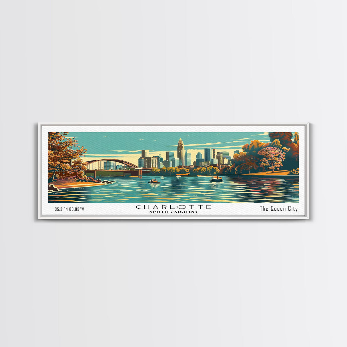 Charlotte North Carolina Panoramic Painting, Framed Canvas Print, Mid Century Modern Wall Art, Retro Pop Art Travel Poster, Living Room Decor, City Art