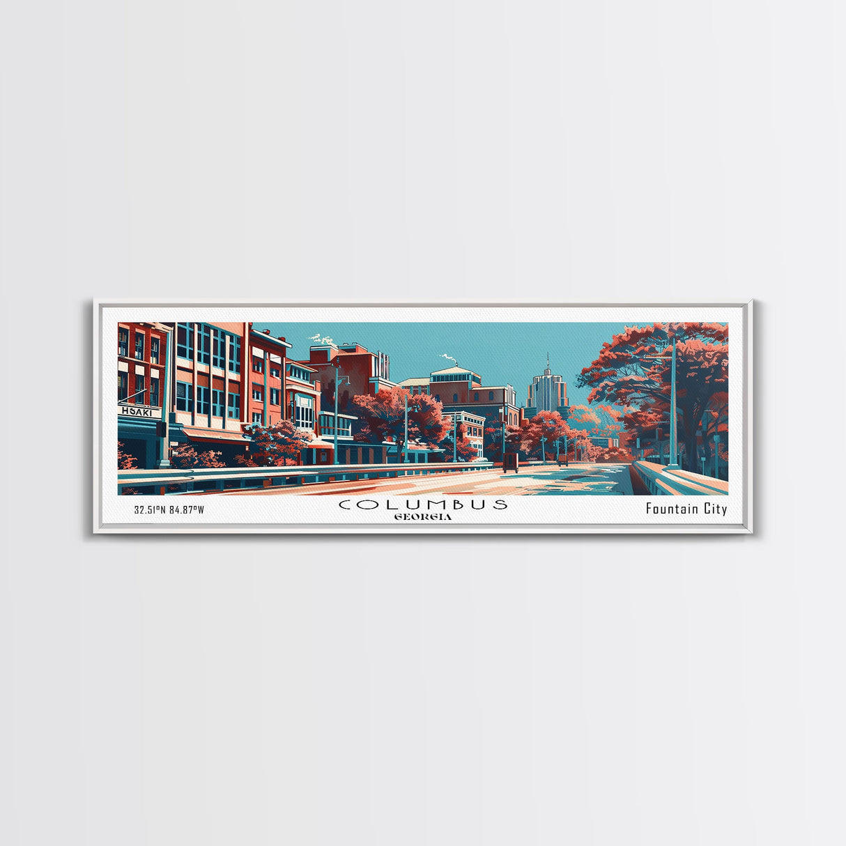 Columbus Georgia Panoramic Painting, Framed Canvas Print, Mid Century Modern Wall Art, Retro Pop Art Travel Poster, Home Decor, City Art