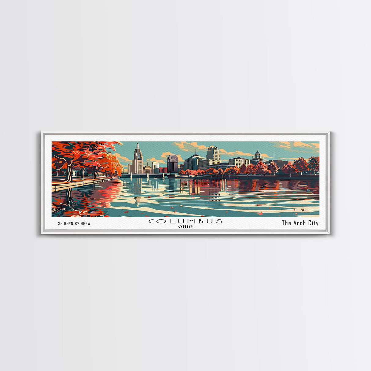 Columbus Ohio Panoramic Painting, Framed Canvas Print, Mid Century Modern Wall Art, Retro Pop Art Travel Poster, Living Room Decor, City Art