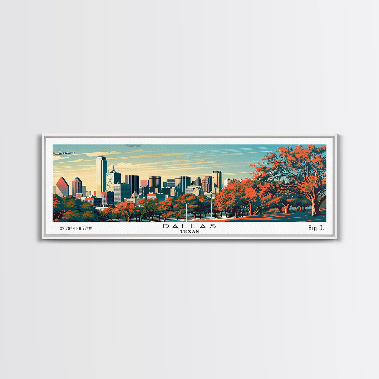 Dallas Texas Panoramic Painting, Framed Canvas Print, Mid Century Modern Wall Art, Retro Pop Art Travel Poster, Home Decor, City Art