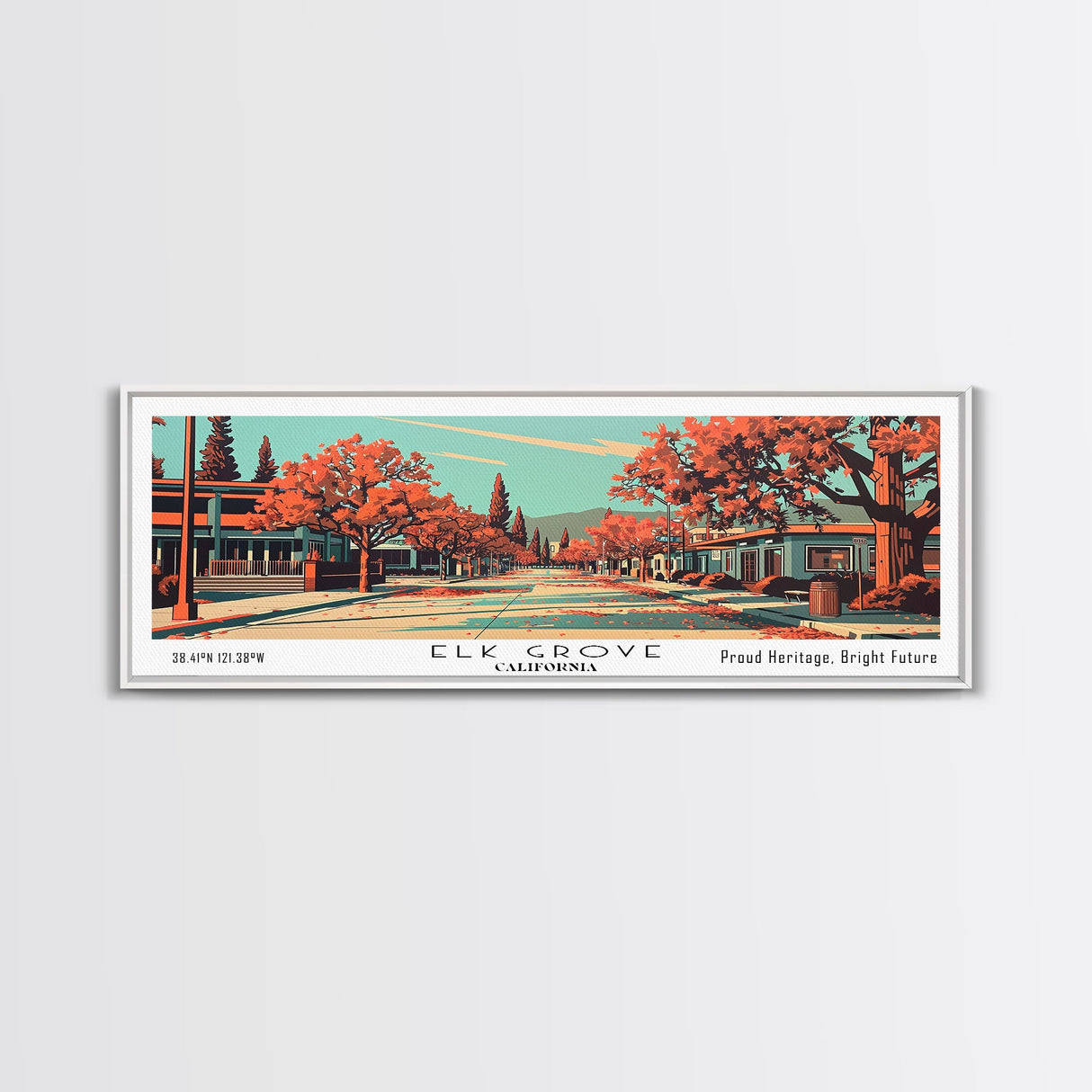 Elk Grove California Panoramic Painting, Framed Canvas Print, Mid Century Modern Wall Art, Retro Pop Art Travel Poster, Office Decor, City Art