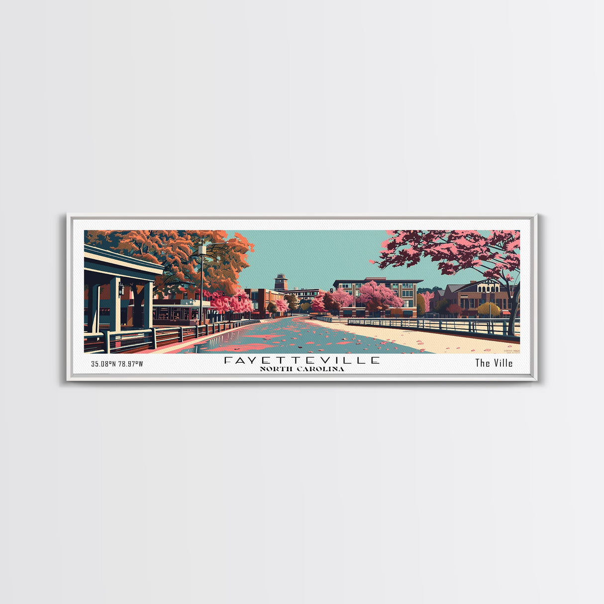 Fayetteville North Carolina Panoramic Painting, Framed Canvas Print, Mid Century Modern Wall Art, Retro Pop Art Travel Poster, Home Decor, City Art