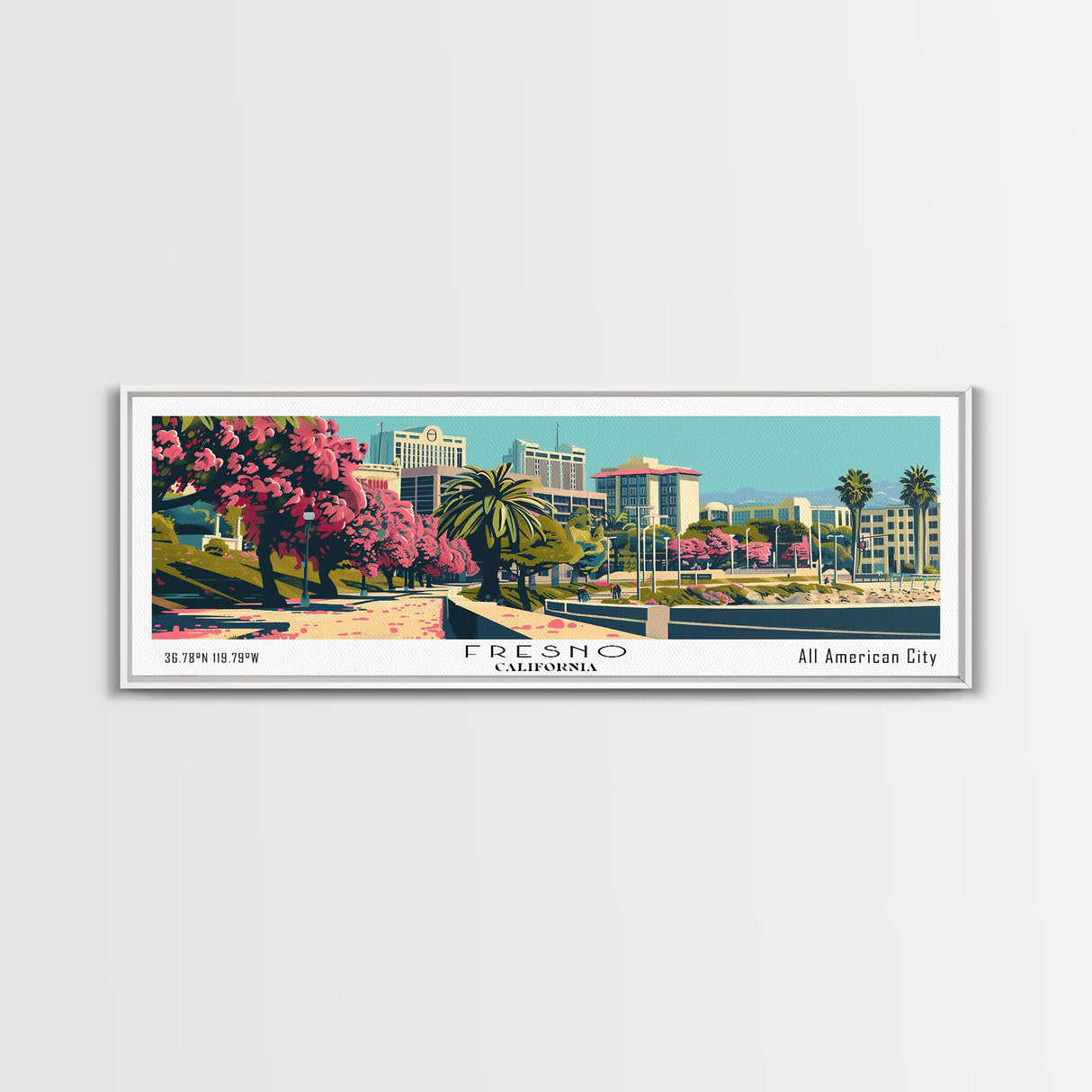 Fresno California Panoramic Painting, Framed Canvas Print, Mid Century Modern Wall Art, Retro Pop Art Travel Poster, Living Room Decor, City Art