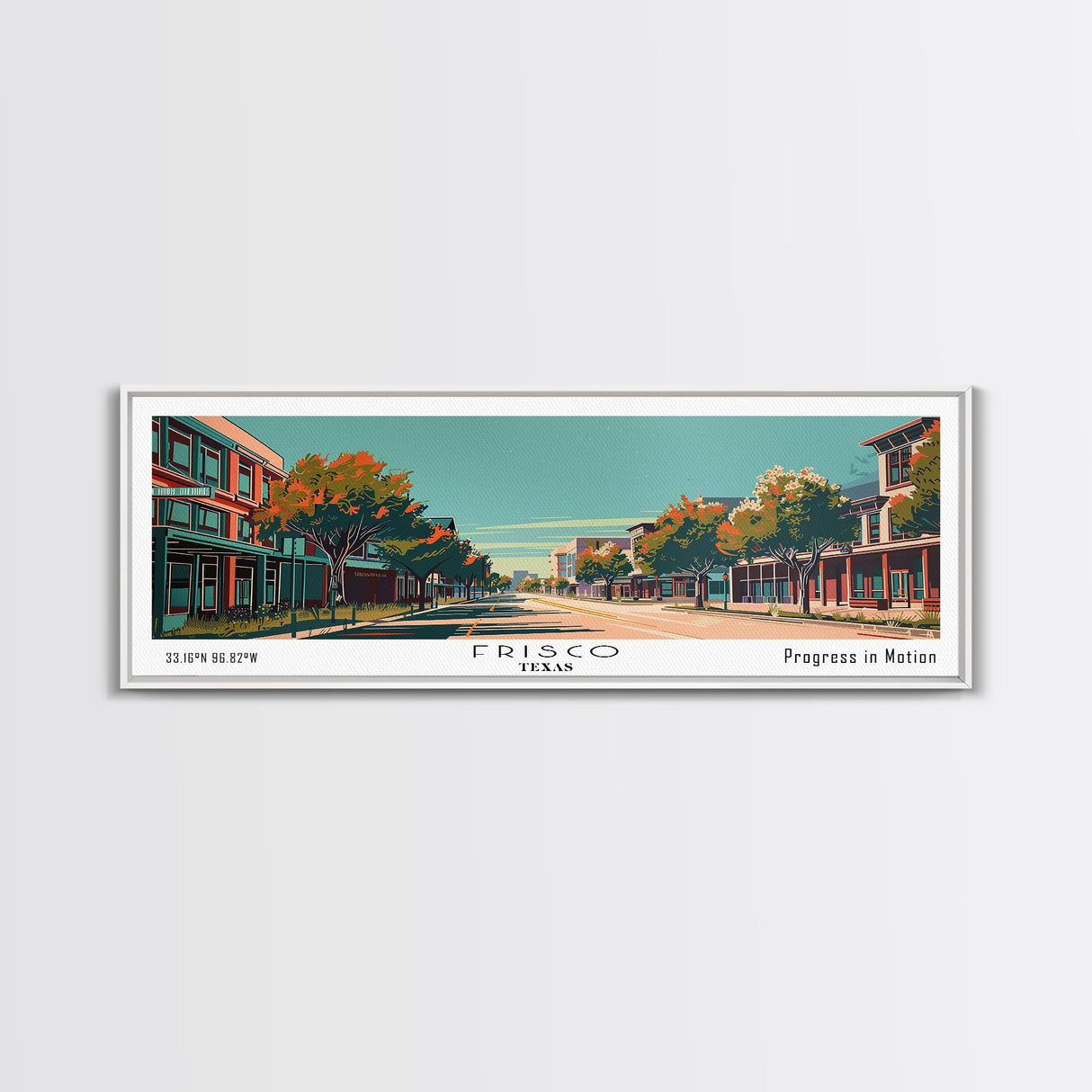 Frisco Texas Panoramic Painting, Framed Canvas Print, Mid Century Modern Wall Art, Retro Pop Art Travel Poster, Home Decor, City Art