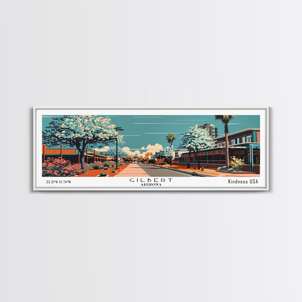 Gilbert Arizona Panoramic Painting, Framed Canvas Print, Mid Century Modern Wall Art, Retro Pop Art Travel Poster, Office Art, Cityscape Decor, Gift Idea