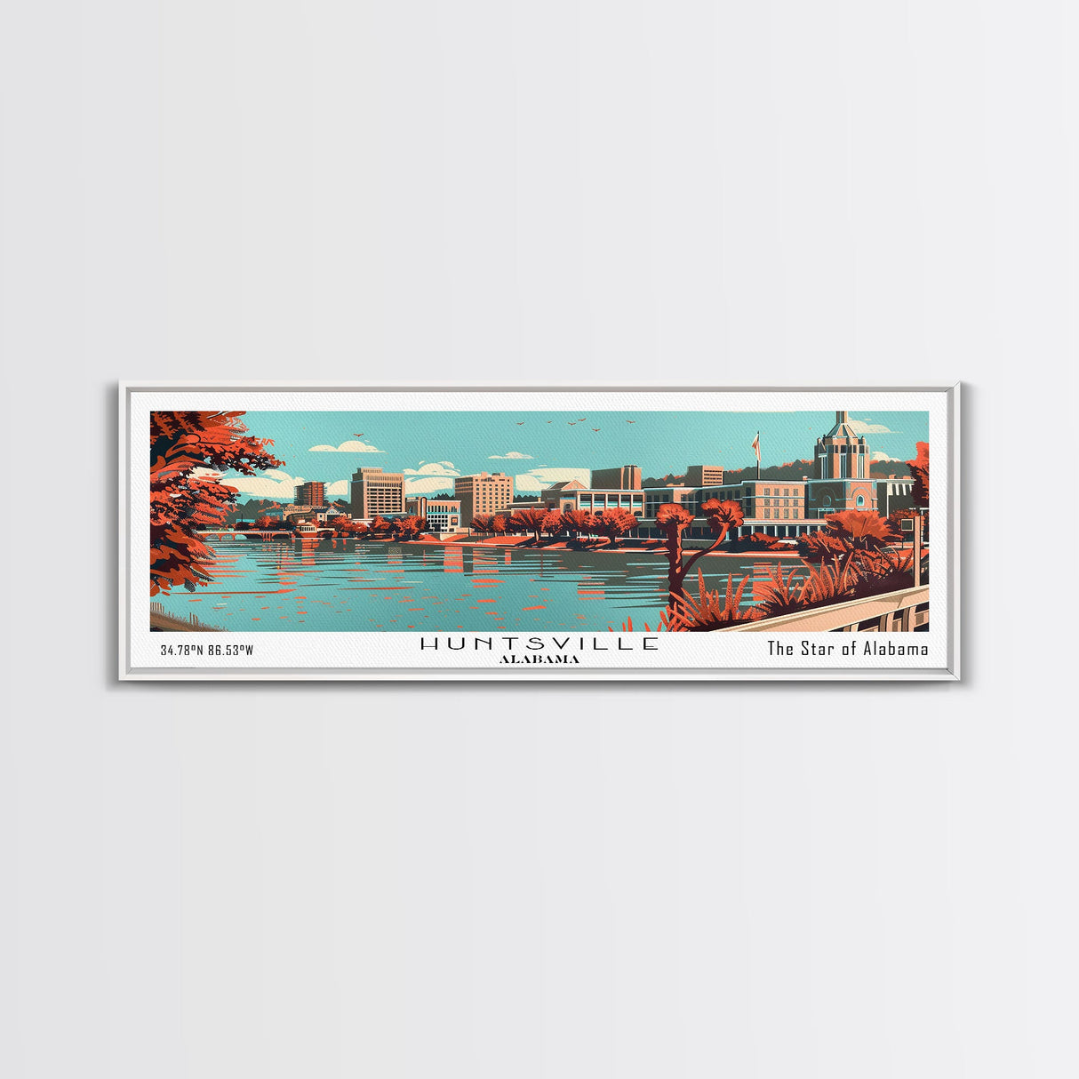 Huntsville Alabama Panoramic Painting, Mid Century Modern Framed Canvas Print, City Art, Retro Pop Art Travel Poster, Living Room Decor, Office Art, Cityscape Wall Art