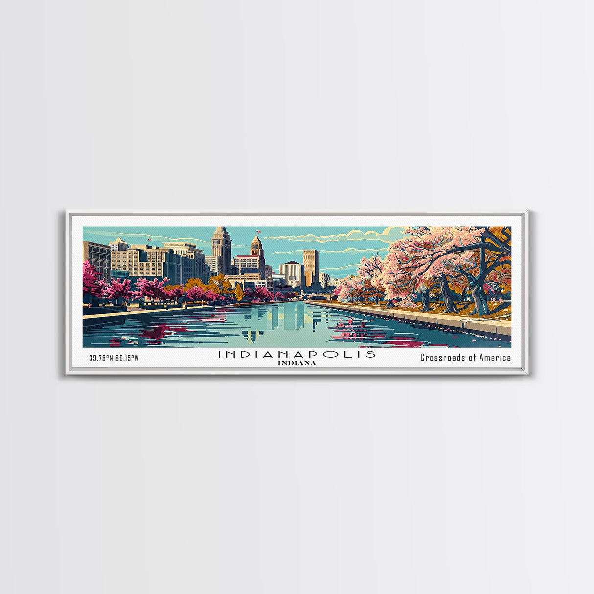 Indianapolis Indiana Panoramic Painting, Framed Canvas Print, Mid Century Modern Wall Art, Retro Pop Art Travel Poster, Cityscape Decor, Living Room Art, Office Wall Art