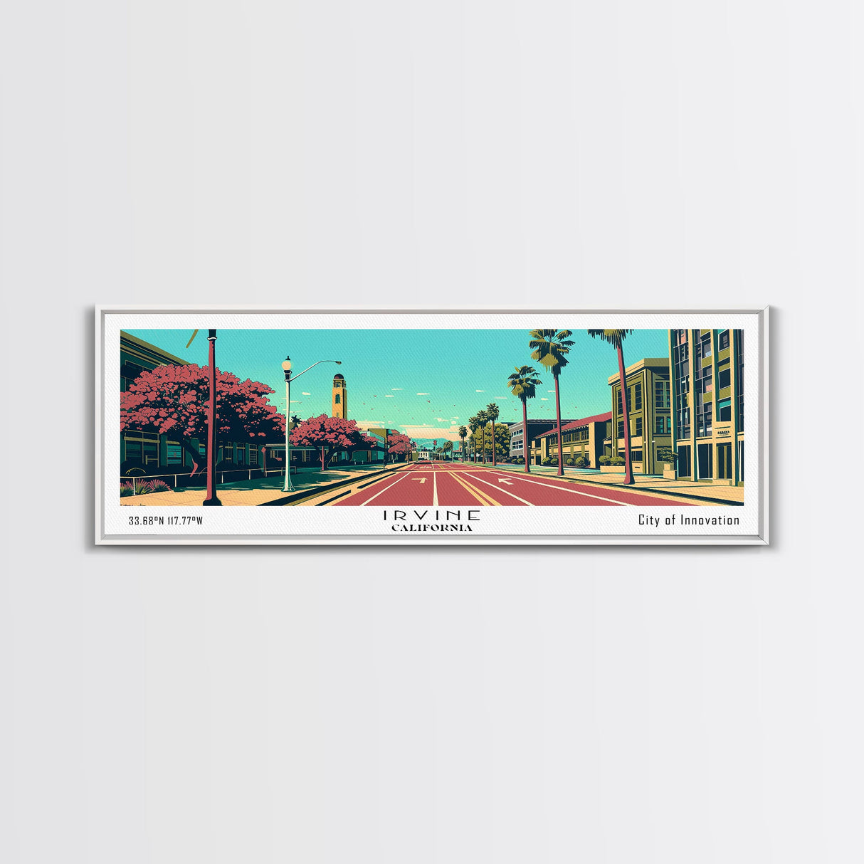 Irvine California Panoramic Wall Art, Mid Century Modern Framed Canvas Print, Retro Pop Art Travel Poster, Cityscape Decor, Living Room Art, Office Wall Art, Home Decor