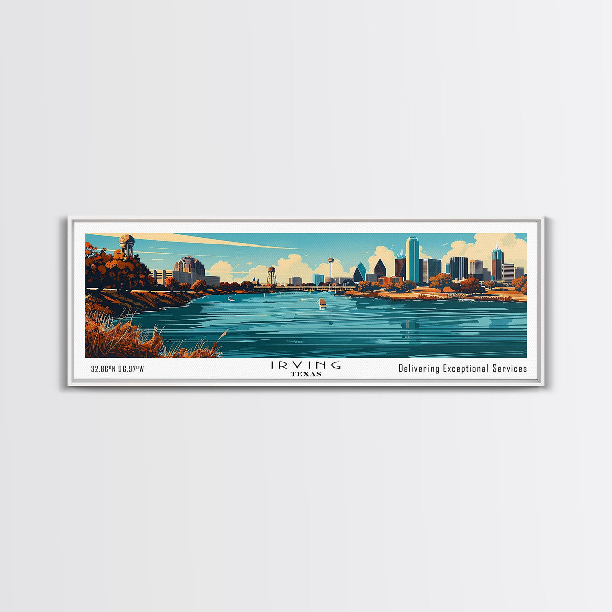 Irving Texas Panoramic Painting, Mid Century Modern Framed Canvas Print, City Art, Retro Pop Art Travel Poster, Living Room Decor, Office Art, Cityscape Wall Art