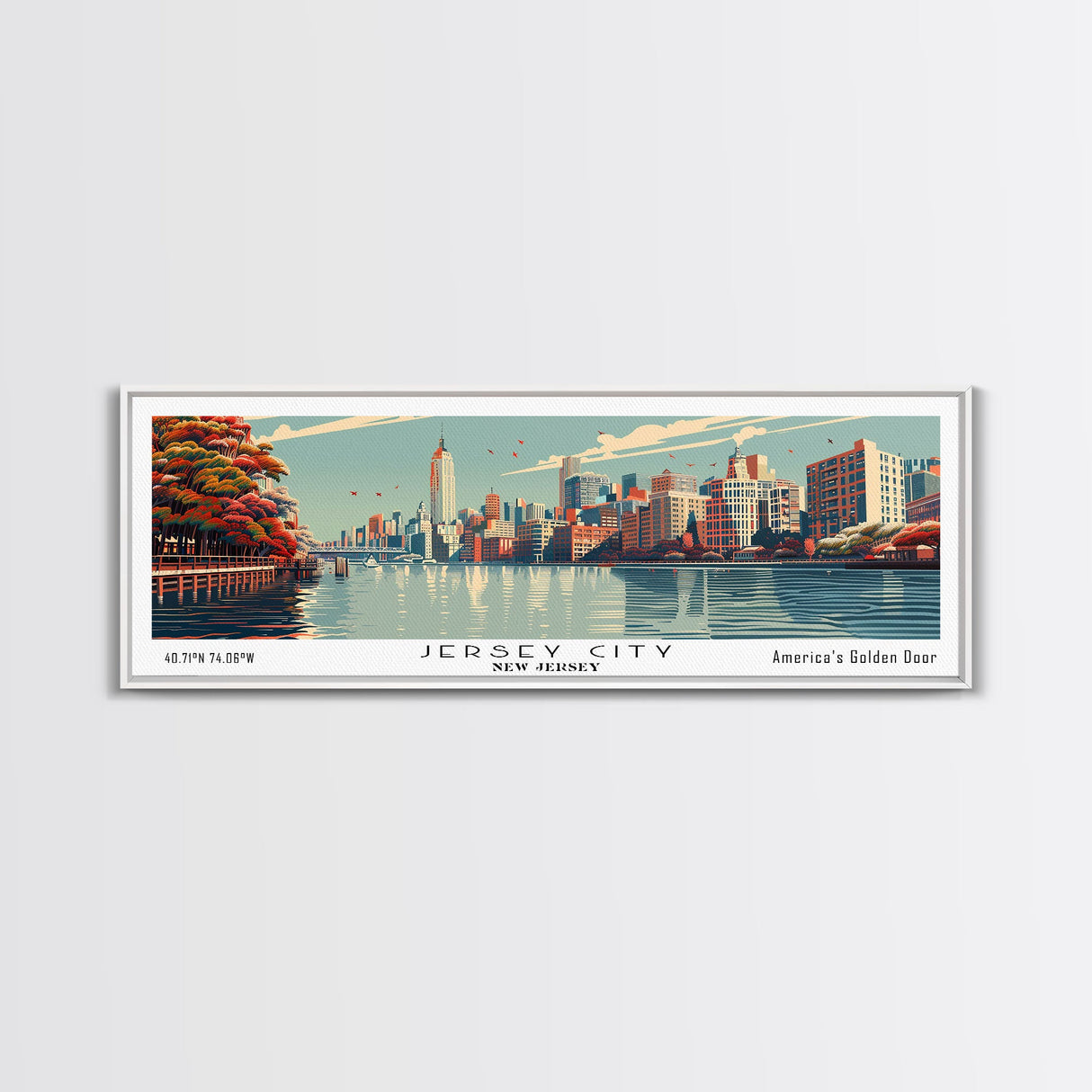 Jersey City New Jersey Panoramic Painting, Framed Canvas Print, Mid Century Modern Wall Art, Retro Pop Art Travel Poster, Cityscape Decor, Office Wall Art, Home Decor