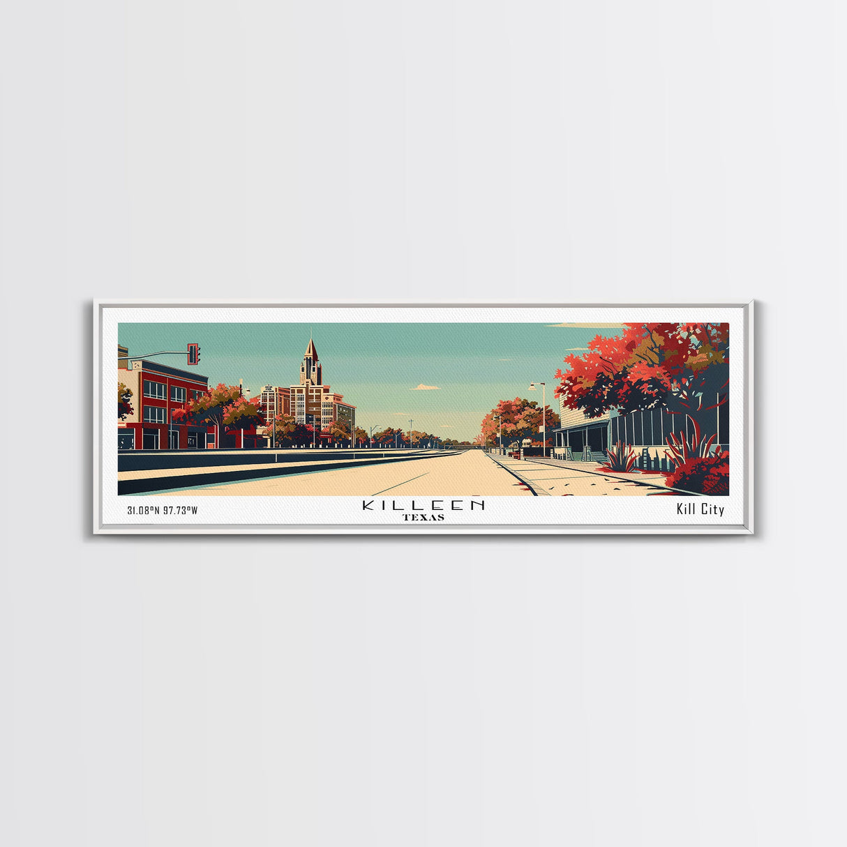 Killeen Texas Panoramic Painting, Mid Century Modern Framed Canvas Print, City Art, Retro Pop Art Travel Poster, Living Room Decor, Office Art, Cityscape Wall Art