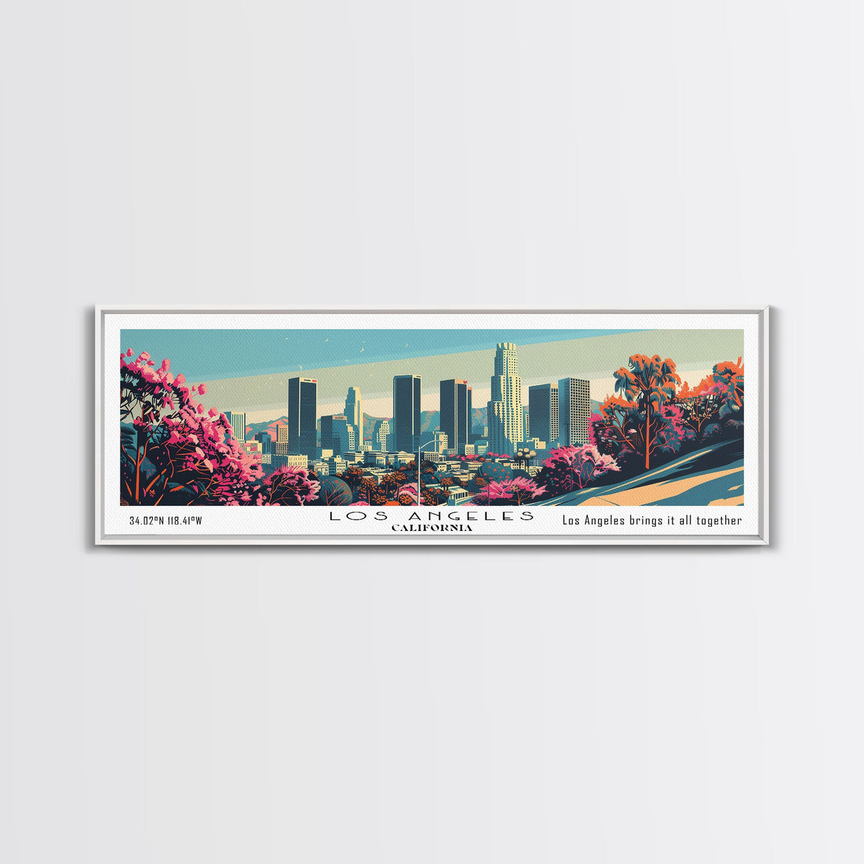 Los Angeles California Mid Century Modern Framed Canvas Print, Retro Pop Art Travel Poster, Home Decor, City Art, Panoramic Painting