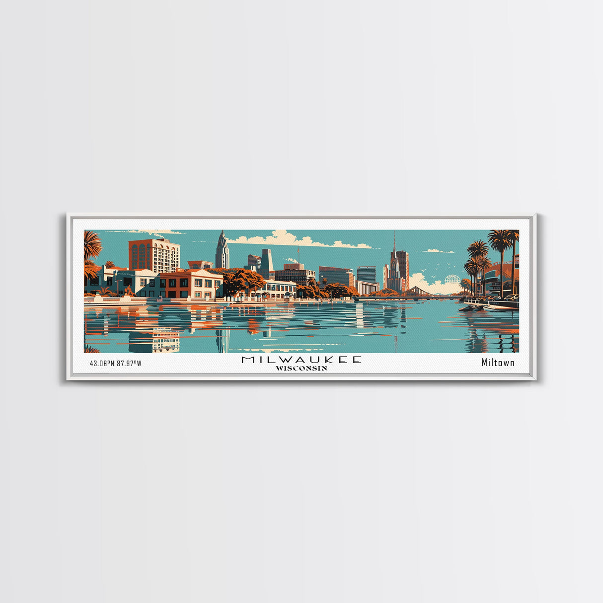 Milwaukee Wisconsin Panoramic Wall Art, Mid Century Modern Framed Canvas Print, Retro Pop Art Travel Poster, Office Decor, Living Room Art