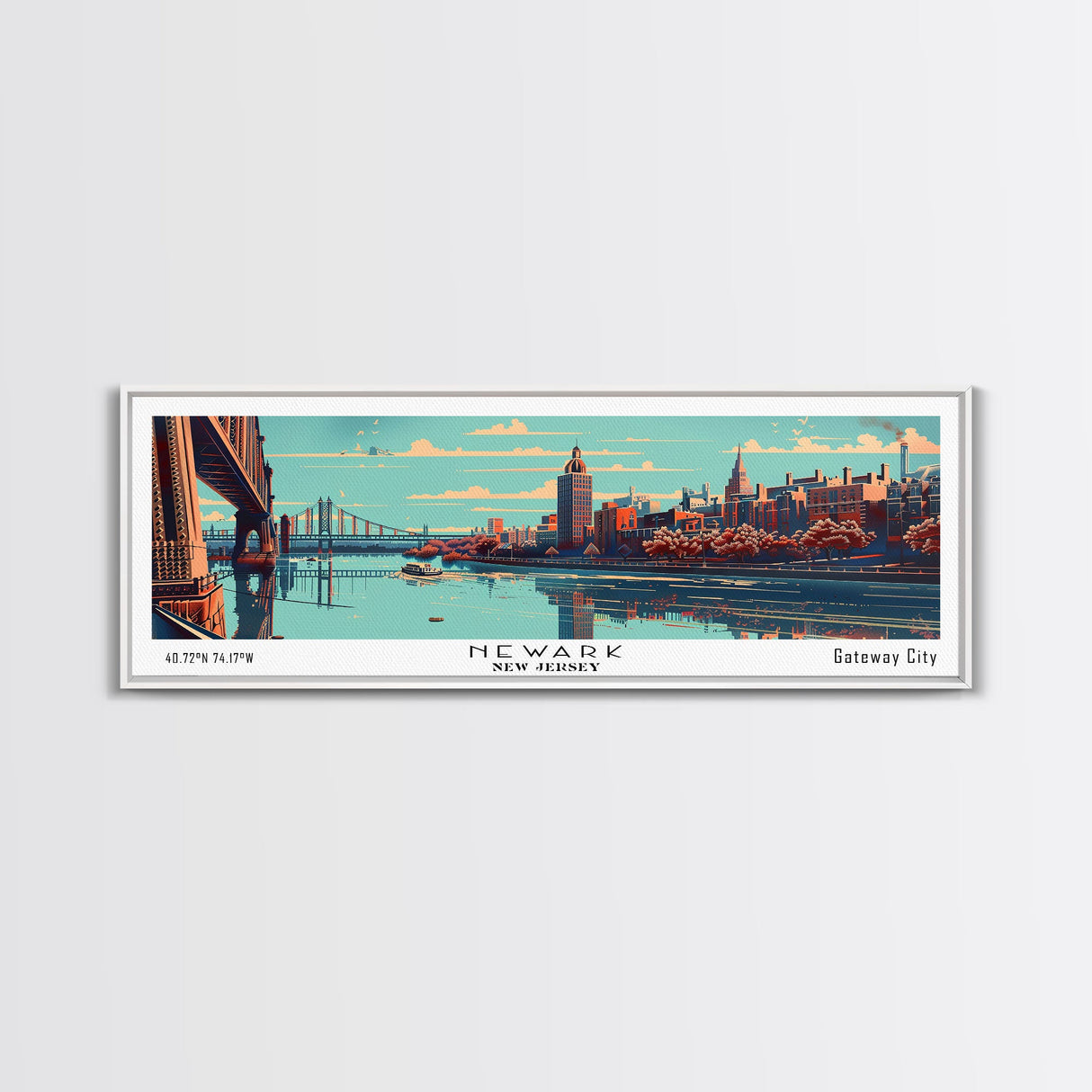 Newark New Jersey Panoramic Wall Art, Mid Century Modern Framed Canvas Print, Retro Pop Art Travel Poster, Office Decor, Gift Idea