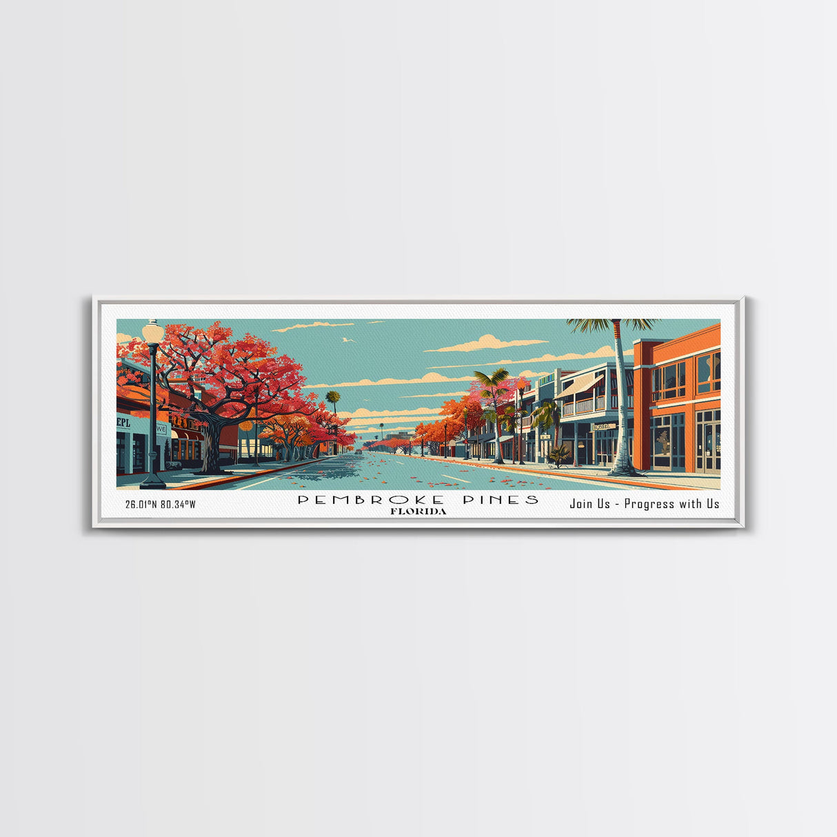 Pembroke Pines Florida Panoramic Wall Art, Mid Century Modern Framed Canvas Print, Retro Pop Art Travel Poster, Office Decor, Living Room Art