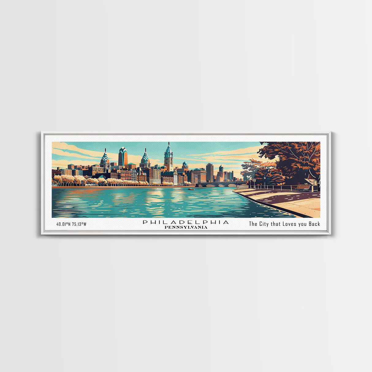 Philadelphia Pennsylvania Panoramic Painting, Mid Century Modern Framed Canvas Print, Retro Pop Art Travel Poster, Home Decor, Cityscape Art